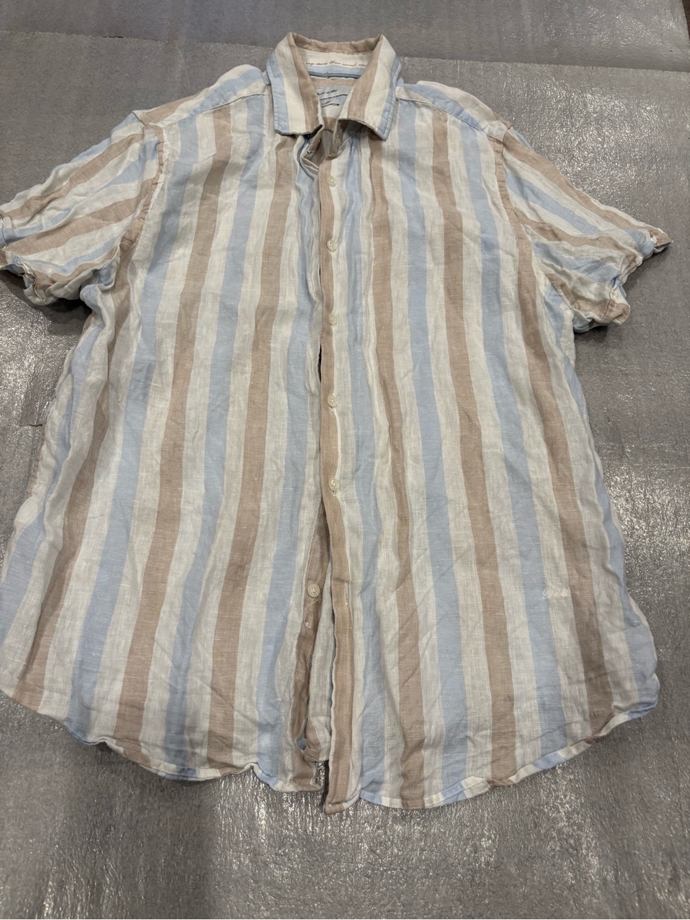 Posher&Ash Light Blue and Beige Striped Linen Short-Sleeve Shirt